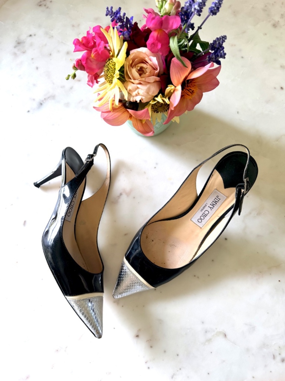 Jimmy Choo Bahama Silver Snake Cap-Toe Black Patent Leather Sling Back Pumps, 38